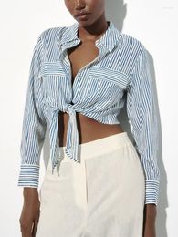Women's Blouses Striped Knot Shirt Woman Lapel Crop Top Female Long Sleeve Button Up Shirts For Women 2023 Summer And