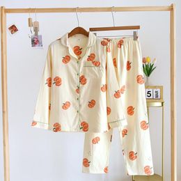 Women's Sleepwear Pumpkin Print Pyjama Set - Long Sleeve Cotton Trousers With Double Layer Gauze Thin Cardigan For Comfortable Homewear