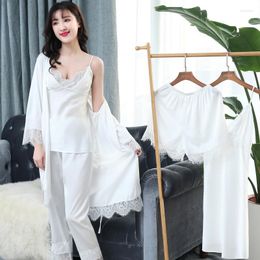 Women's Sleepwear 5 Pieces Women Pyjamas Set Silk Robe Full Length Pants Autumn Bathrobe Sleep Lounge Sets Ladies Satin