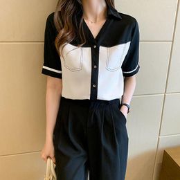 Women's Blouses Spring Summer V Neck Patchwork Chiffon Tops Tees Ladies Black And White Contrast Shirts Casual Fashion Women Clothing