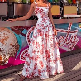 Casual Dresses Summer Spring Floral Print Loose Maxi Dress Tie-Up Straps Boho Beach Sexy Sleeveless Women Long Party Coverup