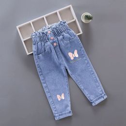 Jeans Kids Girl Floral Cartoon Long Pants Spring Autumn Graffiti Painting Print Casual Trousers with Hole Children Denim 230704