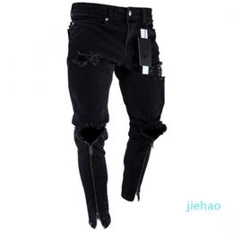 Fashion- Mens Zipper Holes Designer Jeans Black Ripped Slim Fit Represen Pencil Pants Multi Style2342