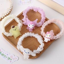 1 Pair Mesh Cartoon Kuromi Elastic Hair Rope For Women Flower Cartoon Hairpin Pink Scrunchies Ponytail Holder Hair Band Accessories For Girls 2201