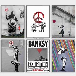 Wallpapers Banksy Graffiti Artwork Painting Girl With Red Balloon Poster Black White poster Abstract Wall Home Decor street graffiti poster J230704
