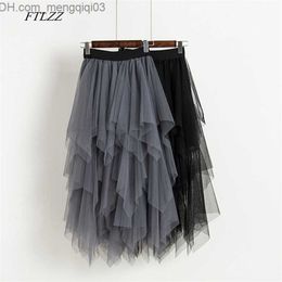 Skirts FTLZZ Tulle Skirts Women High Waist Mesh Skirt Hem Asymmetrical Pleated Midi Skirt Female Black Pink Summer Midcalf Skirts Z230706