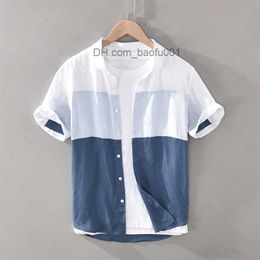 Men's Casual Shirts 1728 Men Summer Fashion Japan Simple Harakuju High Quality 100% Linen Fabric Gradient Patchwork Short Sleeve Casual Slim Shirts 230706