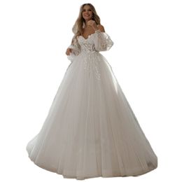 Splendidi abiti da sposa con spalline A Line Abiti da sposa con maniche a sbuffo Appliques in pizzo Fiori 3D Abito da sposa con spalle scoperte Abito da sposa Boho abiti da sposa