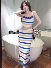 Casual Dresses Contrast Color Striped Knit Dress Women Summer Tassel Split Slim Strapless Midi Long Tank Camisole Vestidos