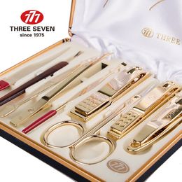 Nail Manicure Set THREE SEVEN 777 Luxury Clippers Trimmers Kit 14K Gold plated Earpick Nail file Eyebrow clip 9 in 1 Art Tools Kits 230704