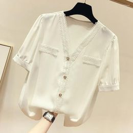 Women's Blouses V-neck Chiffon Blouse Shirts Women Crocheted Wild Short-sleeved Ladies Summer Tops Loose S-4XL