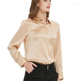 Women's Blouses Woman 95% Silk 5% Spandex Dress Shirts Basic Solid Turn Down Collar Chic Blouse Ladies Spring Autumn Long Sleeved White Tops