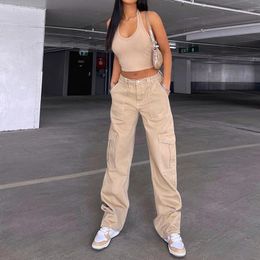 Women's Jeans Overalls 2023 Heavy Industry Multi-Pocket Khaki Denim All-Match High Waist Wide Leg Pants