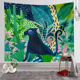 Tapestries Animal King Forest Tiger Tapestry Wall Hanging Tropical Plant Flower Tapestry Home Decoration Yoga Mat Blanket