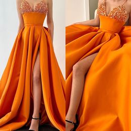 Fashion Orange Sequins Prom Dresses Spaghetti Evening Gowns Thigh Slit Formal Red Carpet Long Special Occasion Party dress