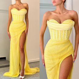 Fashion Yellow Sequins Prom Dresses Sweetheart Evening Gowns Pleats Slit Formal Red Carpet Long Special Occasion Party dress