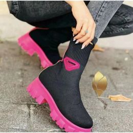 Boots Knitting Women Ankle Platform Shoes for Woman Thick Heel Female Solid Colour Elastic Slip On Plus Size 43 230703