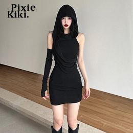 Jeans Pixiekiki Asymmetrical One Sleeve Hooded Short Dresses for Womens Y2k Girl Sexy Black Bodycon Dress Goth Streetwear P71cd22