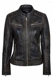 Women's Trench Coats Womens Cafe Racer Moto Biker Distressed Black Vintage Real Sheep Leather Jacket