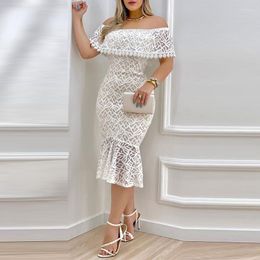 Casual Dresses White Lace One Shoulder Dress Off Ruffle Hem Skinny Sexy