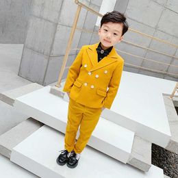 Suits Winter Boys Girls Dress Suit Set Formal Children Catwalk Show Wedding Party Costume Kids Yellow Blazer Vest Pants Clothing SetsHKD230704