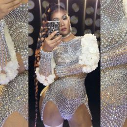 Luxury Pearls Rhinestones Flower Sleeve Bodysuit Women Sexy Singer Performance Stage Jazz Dance Costume Birthday Party Club Wear246j