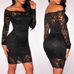 Casual Dresses Sexy Off Shoulder Party For Women 2023 Autumn Black Long Sleeve Lace Bodycon Mini Dress Vestidos