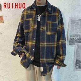 Men's Casual Shirts RUIHUO Black Mens Shirt Plaid s For Clothing Chequered Blouse M-5XL Spring Arrival Z230707