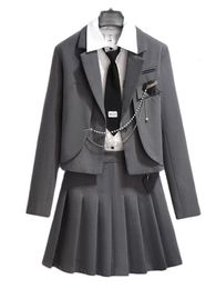 Two Piece Dress 2023 Spring Streetwear 3 Pleated Skirt Suit Plus Size Harajuku Loose Jacket Blazer Mini A Line Skirt White Blouse Summer 230703