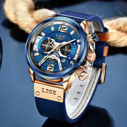 Wristwatches 2022 LIGE Men es Top Brand Luxury Blue Leather Chronograph Sport For Men Fashion Date Waterproof Clock Reloj Hombre 0703