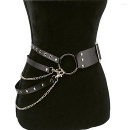 Belts Women Gothic Punk Waist Belt Chain Fashion Metal Circle Ring Design Silver Pin Buckle PU Leather Black Waistband Jeans