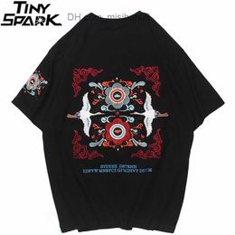 Men's T-Shirts Hip Hop Chinese Style Embroidery Crane T Shirt Men Streetwear Harajuku Cotton T-Shirt Summer Short Sleeve Tshirt Black Z230704