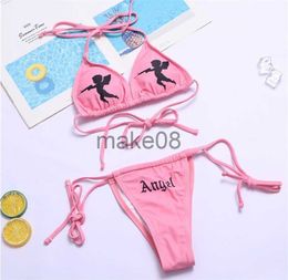 Women's Swimwear Women 2pcs Bikini Set Push Angel Halter Back TieUp Bra Side Strappy Letter Bikini 2022 Summer Ladies Sexy Beach Pink Swimwear J230704