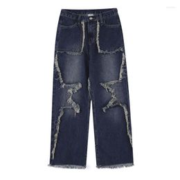 Men's Jeans Baggy Hip Hop Pants With Star Patchwork Fashion Loose Fit Y2K Denim Trousers Streetwear Harajuku Bottoms