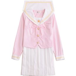 Japanese School Uniform cosplay Women Sakura Light Pink Tops White Pleated Skirt JK Uniform Girls Japanese Sailor Suit209b