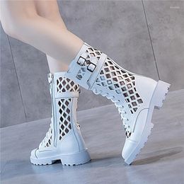 Boots Comemore Luxury Black White Mesh 2023 Spring Summer Mid-heel Sandals Women Zip Up Large Size 42 Women's Shoes Hollow