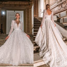 Luxury A Line Wedding Dresses Sexy Deep V Neck Long Sleeves Appliques Lace Bridal Gowns Custom Made Backless Sweep Train Robe De Mariee