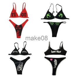 Women's Swimwear Sexy Women's Bikini Skull Pattern Printing Beachwear Tank Tops Briefs Swimsuit Push Up Padded Twopieces Set Brazilian Swimwear J230704