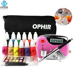 Nail Practise Display OPHIR Art Tool 0 3mm Airbrush Kit with Air Compressor for Airbrushing Stencil Bag Cleaning Brush Set_OP NA001P 230704