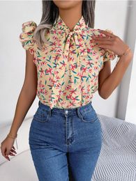 Women's Blouses Women Summer Print Floral Loose Blouse Elegant Casual Fashion Office Lady Streetwear Lace Up Sleeveless V Neck Dress 2023