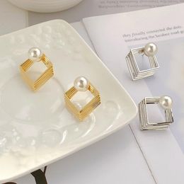 Stud Earrings Celebrity Style Multilayer Square Pearl For Women Korean Fashion Stainless Steel Jewelry Female Sexy Ear Accessories