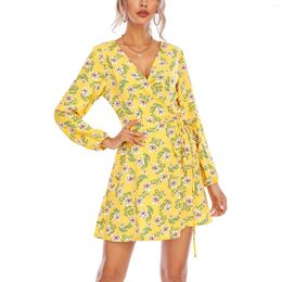 Casual Dresses Spring Autumn Women's Dress 2023 Female Tie-up Sexy Comfortable Slim-fit Floral Print V-neck Long Sleeve A-line Garment
