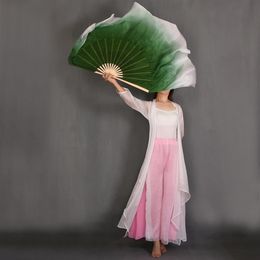 New Customised Dark Green White Gradient Belly Dance Fan Real Silk Veils Pair Half Circle Dual Layers Women Dance Fan Props244Z