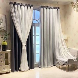 Curtains Double Layer Blackout Curtains Finished Wear Rod Lace Gauze and Cloth Curtains for Balcony Living Room Bedroom