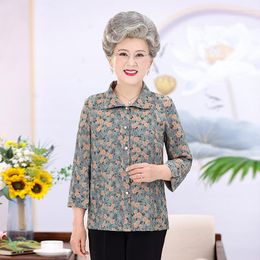 Women's Blouses 5Elderly Women Blouse 2023 Spring Summer Three Quarter Sleeves Print Mother Shirts Casual Cardigan Tops Grandmother Blusa