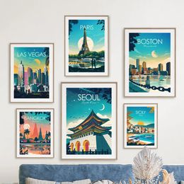 Canvas Painting World City Travel Boston Machu Picchu Sicily Wall Art Nordic Poster And Print Wall Picture For Living Room Decor Gift For Friend Unframed