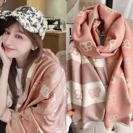 Scarves Luxury Butterfly Pink Design Winter Scarf Women's Cashmere Warm Checker Thickened Soft Shawl Gift