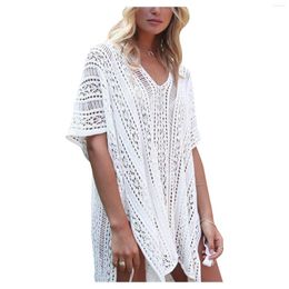 Women's Swimwear Crochet Cover Ups For Women Pullover Beach Knitted Smock Swimsuit V-neck Dress Slit Drawstring