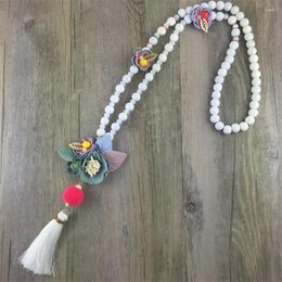 Pendant Necklaces Handmade 10mm Wood Bead Vintage Style Fabric Flowers Long & Pendants For Women Retro Girl Gift Boho Tassle Jewellery