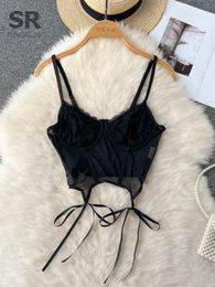 Basic Casual Dresses SINGREINY Patchwork Sexy Lace Crop Top Women Strap Summer Backless Mesh Bra Outwear Slim Bustier Streetwear Short Camisole 230704